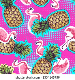 Summer seamless bright pattern with flamingo and pineapple. Zine Culture style summer background