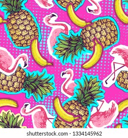 Summer seamless bright pattern with flamingo and pineapple. Zine Culture style summer background