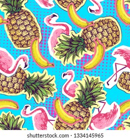 Summer seamless bright pattern with flamingo and pineapple. Zine Culture style summer background