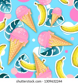 Summer seamless bright pattern with ice cream and tropic leaves. Zine Culture style summer background