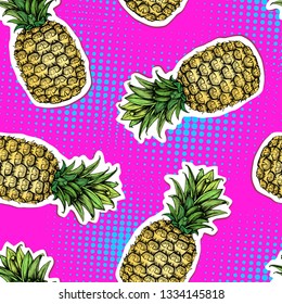 Summer seamless bright pattern with pineapple. Zine Culture style summer background