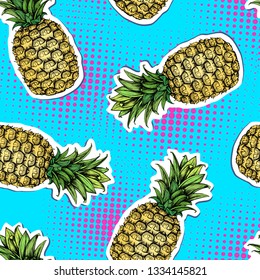 Summer seamless bright pattern with pineapple. Zine Culture style summer background