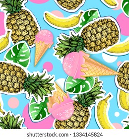 Summer seamless bright pattern with pineapple and banana. Zine Culture style summer background