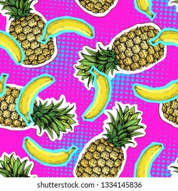Summer seamless bright pattern with pineapple and banana. Zine Culture style summer background