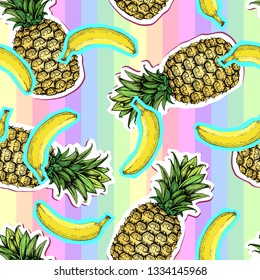 Summer seamless bright pattern with pineapple and banana. Zine Culture style summer background