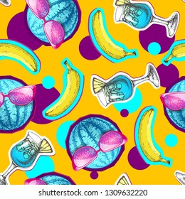 Summer seamless bright pattern with watermelon and cocktail. Zine Culture style summer background
