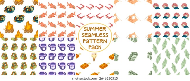 Summer Seamless Camping Pattern Pack. Collection of 10 seamless patterns with camping and summer elements. Flat cartoon style on white background.