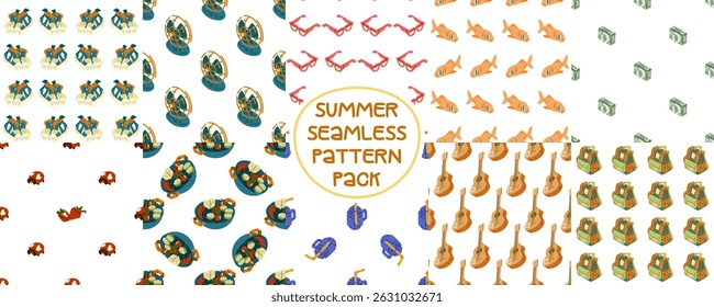 Summer Seamless Cartoon Pattern Pack. Set of 10 seamless summer-themed patterns in flat cartoon style. Includes guitars, backpacks, sunglasses, salad bowls, strawberries, swimsuits, and travel gear. B