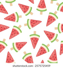 Summer seamless cartoon pattern of watermelon ice cream. Fruit ice background. Sweet food.