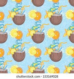 Summer seamless cocktail background. Alcohol endless pattern with fruits.