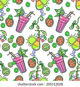 Summer seamless cocktail background. Alcohol endless pattern with fruits.