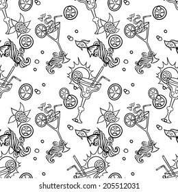 Summer seamless cocktail background. Alcohol endless pattern with fruits.