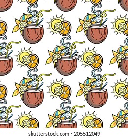 Summer seamless cocktail background. Alcohol endless pattern with fruits.
