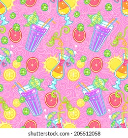 Summer seamless cocktail background. Alcohol endless pattern with fruits.