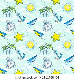 Summer Seamless colored Pattern with Travel Icons
