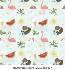 Summer seamless colorful pattern with flamingo, tropical leaves, seashell, watermelon, parasol, flowers. Vector illustration	
