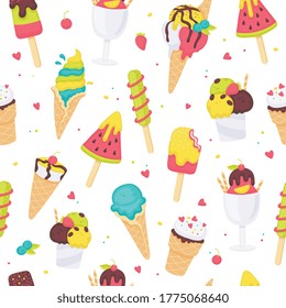 Summer seamless colorful pattern with various kinds of ice cream, flat vector illustration on white background. Endless ornate texture of sweet icy summer dessert.