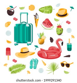 Summer seamless cute colorful objects set with flamingo, tropical leaves, suitcase, shells, beach hat,  flip flop, sunglasses, tropical cocktails, berries, on white background. Vector illustration
