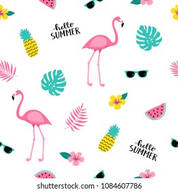 Summer seamless cute colorful pattern with flamingo, pineapple, tropical leaves, watermelon, flowers, sunglasses on white background. Vector illustration