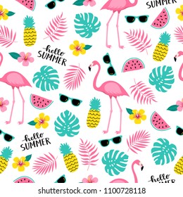 Summer seamless cute colorful pattern with flamingo, pineapple, tropical leaves, watermelon, flowers, sunglasses on white background. Vector illustration