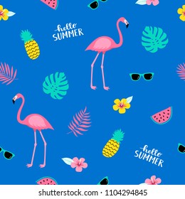 Summer seamless cute colorful pattern with flamingo, pineapple, tropical leaves, watermelon, flowers, sunglasses on blue background. Vector illustration