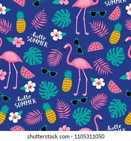 Verano sin costura adorable patrón colorido con flamingo, piña, hojas tropicales, sandía, flores, gafas de sol sobre fondo azul. Ilustración del vector