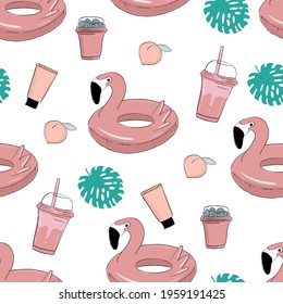 Summer seamless cute colorful pattern with swimming circle flamingo, peach,drinks, sunscreen, tropical leaves on white background. Vector illustration. Hand drawing print design.