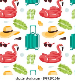 Summer seamless cute colorful pattern with flamingo, tropical leaves, suitcase, shells, beach hat,  flip flop, sunglasses on white background. Vector illustration