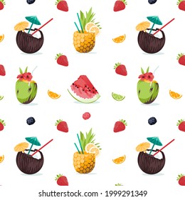 Summer seamless cute colorful pattern with tropick cocktails, pineapple, watermelon, berry, strawberry, citrus, cocos on white background. Vector illustration