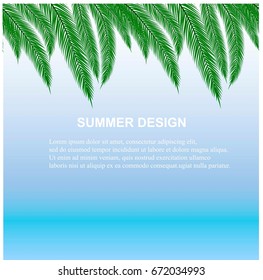 Summer seamless design background with green palm leaves on blue, Lorem Ipsum stock vector illustration