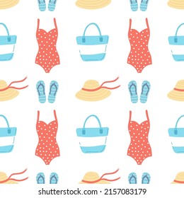 Summer seamless doodle pattern. Beach bag, hat, swimsuit, flip-flops. Flat vector illustration