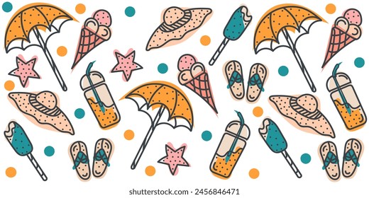 Summer seamless doodle pattern with beach umbrella, hat, ice cream, flip flops, fresh juice, dots. Vector hand drawn illustration in black, blue, pink and orange colors. Isolated on white background	