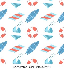 Patrón de doodle sin costuras de verano. Bikini, salvavidas, toalla de playa, tabla de surf. Ilustración vectorial plana