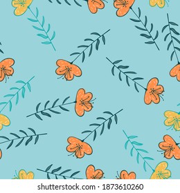 Summer seamless doodle pattern with bright orange and yellow random ornament. Blue background. Stock illustration. Vector design for textile, fabric, giftwrap, wallpapers.