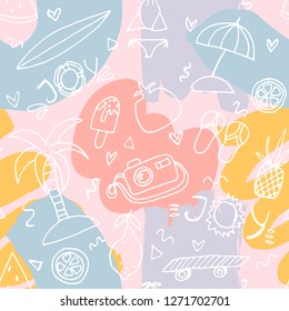 Summer seamless doodle pattern. Fruits, ice cream, camera, swimsuit,umbrella, palm, skateboard.