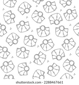 Patrón de doodle sin costuras de verano con bolsos de playa para mujeres y gotas sobre fondo blanco. Ilustración dibujada a mano en blanco y negro