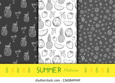 Summer seamless doodle patterns set with lemons, limes, oranges, cocktail, watermelons, ananas, bananas, strawberries. Collection of black and white textures. Vector.