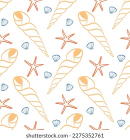 Summer seamless endless pattern with seashells, ocean underwater design element, vacation background texture
