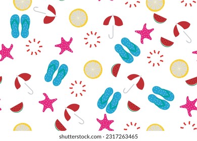 summer seamless fabric pattern design.summer season background,lemon,watermelon,star fish,umbrella and tube pattern