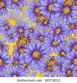 Summer seamless floral pattern with daisies in vintage style 