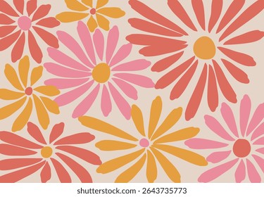  SUMMER Seamless floral pattern featuring bold retro daisies in pink orange, and red tones on a neutral background. Perfect for textile prints wallpapers, wrapping paper  or spring summer VECTOR