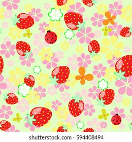 Summer seamless floral pattern, strawberry, ladybug vector illustration