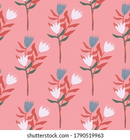 Summer seamless floral pattern with tulip bouquet. Blue and white flowers with red leaves. Pink background. Perfect for wallpaper, textile, wrapping paper, fabric print. Vector illustration.