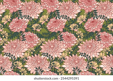 Verano sin patrón floral. Vector dibujado ilustración. Florece mezclado con hierbas, hojas y plantas de prado. Impresión de flores coloridas sobre fondo verde. Ornamento de la Naturaleza para los diseños, tela, textiles