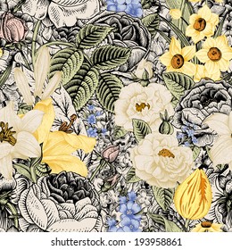 Summer seamless floral pattern. Vintage flowers Art. Flowers roses, white and yellow lilies, daffodils, tulips and blue delphinium and forget-me on a beige and black background. 