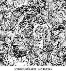 Summer seamless floral pattern. Vintage flowers Art. Black and white graphics. Roses, lilies, daffodils, tulips and delphinium. Monochrome.