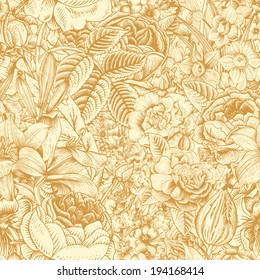 Summer seamless floral pattern. Vintage flowers Art. Gold flowers on a beige background. Roses, lilies, daffodils, tulips and delphinium.