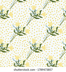 Summer seamless floral pattern with yellow tulip flowers. White background with dots. Simple botanic backdrop. Designed for wallpaper, textile, wrapping paper, fabric print. Vector illustration.