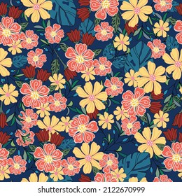 Summer seamless flowers pattern. Delicate petals and vibrant blossoms create an artistic and vintage botanical illustration. Perfect for wallpaper, fabric, wrapping paper and more.
