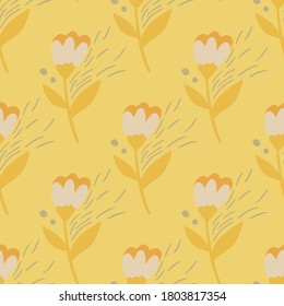 Summer seamless flowers pattern. Folk botanic silhouettes with orange stems and light buds on yellow background. Perfect for wallpaper, textile, wrapping paper, fabric print. Vector illustration.